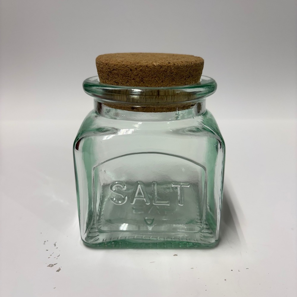 Vintage SVE Italy Green Glass Salt Cellar Jar with Cork Lid Square Embossed